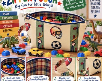 May include: A beige zipper pouch featuring a sports-themed print with football helmets, soccer balls, and baseball bats. The pouch has a plaid interior lining, a side handle, and a boxy bottom. Text on the pouch includes ZIPPER POUCH, 12 inches wide, 6.5 inches tall.