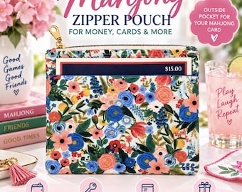 May include: A rectangular zipper pouch featuring a vibrant floral pattern with blue, pink, and orange flowers on a white background. The pouch includes a gold-tone zipper and an exterior pocket containing a card with the text $15.00 printed on it.