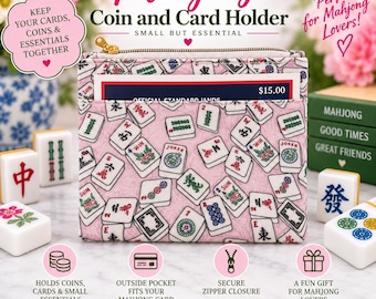 May include: A rectangular pink coin and card holder featuring a repeating pattern of Mahjong tiles. The pouch includes a top gold-tone zipper closure and an exterior front pocket containing a card labeled Official Standard Hands $15.00.