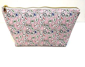 Mahjong Tile Boxy Bottom Zipper Bag in Pink  Background Mahjong Print, Fully Lined