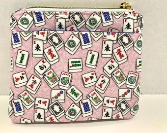 Mahjong Zipper Pouch with Outside Slip Pocket for Your Card - Tiles on Pink Background