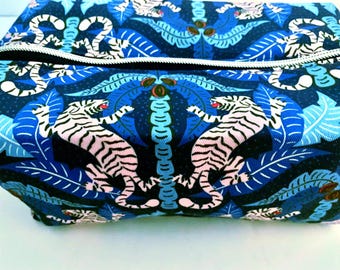 Mahjong  Boxy Tile Holder Zipper Bag With  Pink Tigers on Blue Background