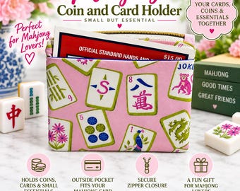 May include: A pink fabric coin and card holder featuring a repeating pattern of colorful Mahjong tiles. The pouch includes a top zipper closure and an exterior pocket containing a card labeled Official Standard Hands and $15.00.