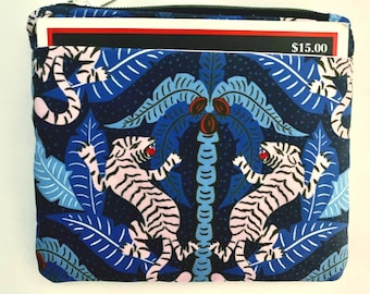 Mahjong Zipper Pouch with Outside Slip Pocket for Your Card - Pink Tigers on Blue