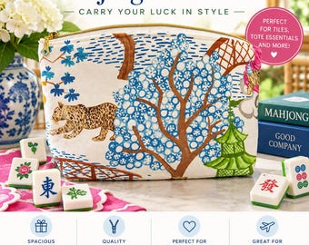 May include: A zippered fabric pouch featuring a printed pattern of a leopard, trees, and a pagoda. The text Mahjong Tile Purse is visible at the top. Several white mahjong tiles with green and red symbols are arranged around the pouch.