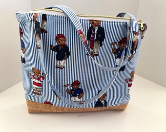 Tote Bag with Zipper Close in Iconic Ralph Lauren Polo Bears & Cork Bottom