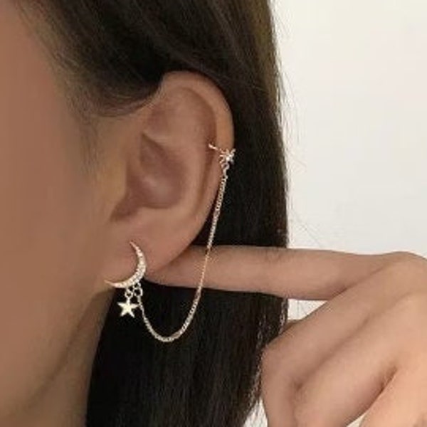 Star And Moon Earring, Threader Cuff Earring, Moon Ear Climber, Long Chain Earring, Gold Threader, Earring Cuff & Chain, Cartilage Ear Cuff