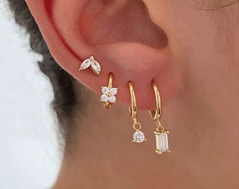 Juego de aretes de oro de 4 piezas, aretes de todos los días, s925, juego de aretes minimalistas delicados, aretes de aro Huggie, juego de aretes para perforaciones múltiples