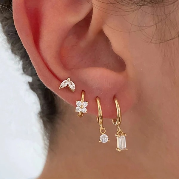 Juego de aretes de oro de 4 piezas, aretes de todos los días, s925, juego de aretes minimalistas delicados, aretes de aro Huggie, juego de aretes para perforaciones múltiples