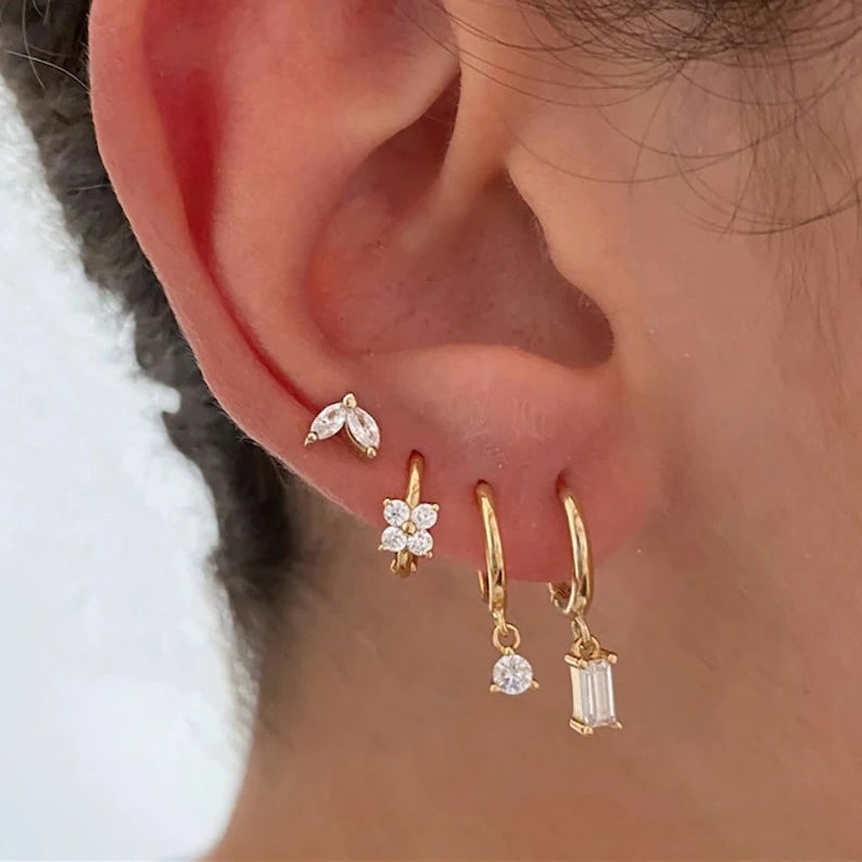 4pcs Gold Earrings Set, Everyday Earrings, s925, Dainty Minimalist Earring Set, Huggie Hoop Earrings, Earring set for Multiple Piercings zdjęcie 1