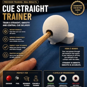 以下が含まれることがあります： 真っ白なCue Straight Trainerにキューが挿入されており、キューのデリバリーを改善するように設計されています。画像には、インスタントフィードバック、一貫性の向上、完璧なテクニックに関するテキストが含まれています。スヌーカー、プール、初心者、コーチ、トレーニングに適しています。