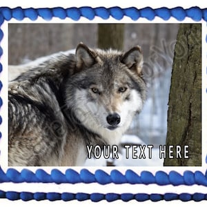 May include: A gray wolf with brown fur stands in a snowy forest. The wolf is looking directly at the camera. The text "YOUR TEXT HERE" is printed below the wolf.