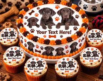 Dog Family Edible Cake Topper | Chocolate Labrador Puppy Birthday & Cupcake Toppers