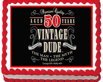 Vintage Dude 50th - Edible Cake or Cupcake Topper