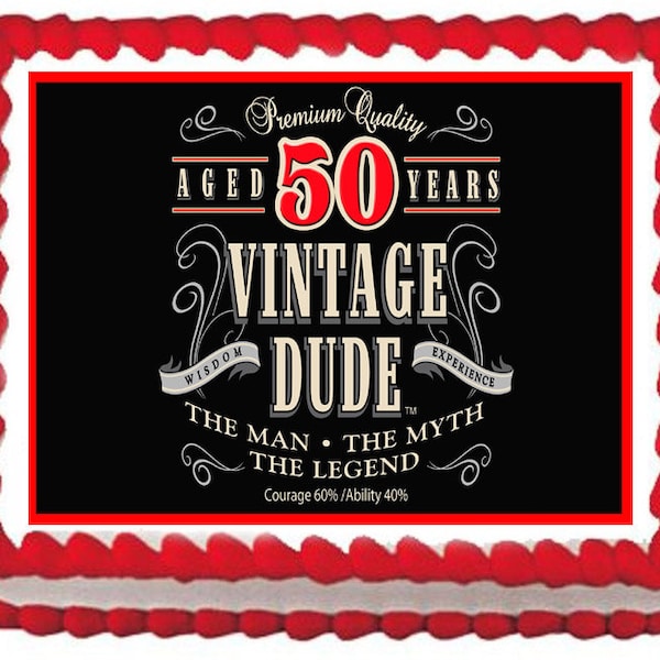 Vintage Dude 50th - Edible Cake or Cupcake Topper