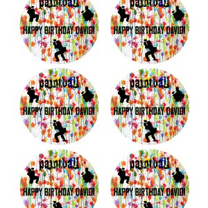 May include: Six round, colorful, white background stickers with a paintball player silhouette and the text "paintball" and "Happy Birthday David!"