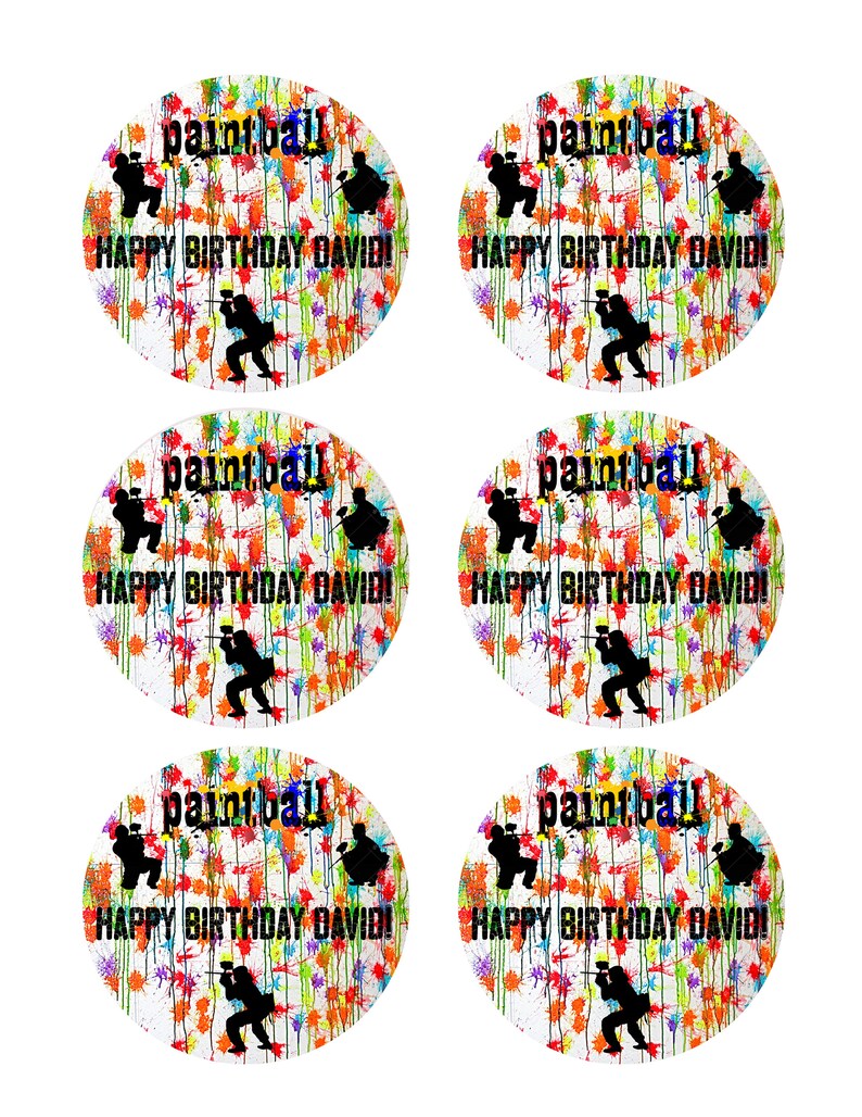 May include: Six round, colorful, white background stickers with a paintball player silhouette and the text "paintball" and "Happy Birthday David!"