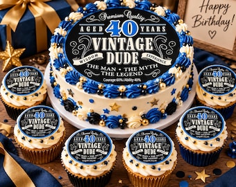Vintage Dude 40th Edible Cake Topper | 40th Birthday Cake & Cupcake Toppers