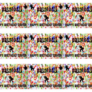 May include: Three rows of colorful edible cake toppers with a paintball theme. Each row features the word "paintball" in black text with a silhouette of a person holding a paintball gun. The text "Happy Birthday David!" is printed below each row.