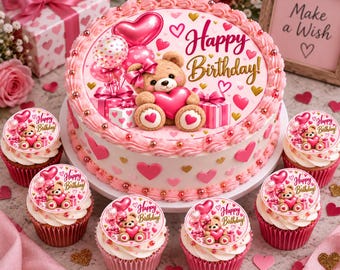 Pink Teddy Bear Birthday Edible Cake Topper and Cupcake Toppers – Pink & Gold Happy Birthday Party Decorations