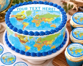 World Map Edible Cake Topper | Personalized Travel Birthday Cake & Cupcake Topper
