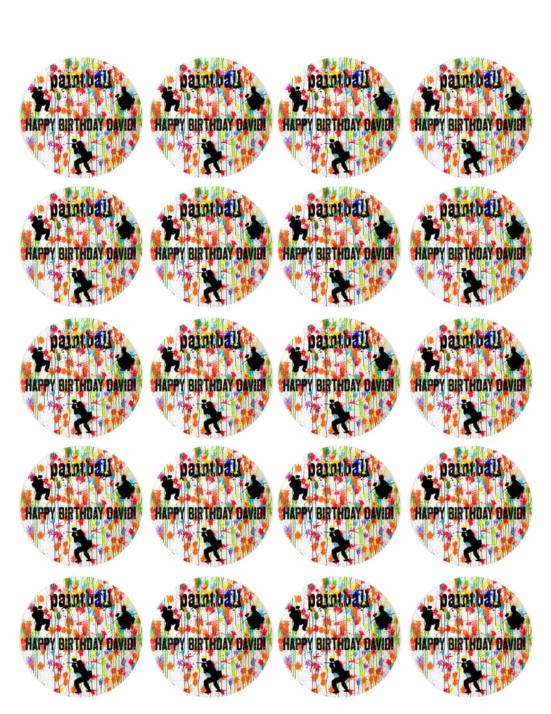 May include: Twenty-four round edible images for cupcakes or cookies. Each image features a paintball player silhouette with colorful paint splatters and the text "paintball" and "Happy Birthday David!"