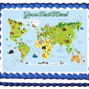 May include: A colorful world map with animals from different continents. The map is on a blue background with a white border. The text "Your Text Here!" is at the top of the map.