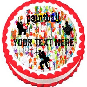 May include: Round edible cake topper with a white background and colorful paint splatters. The text "paintball" is at the top of the image. The text "YOUR TEXT HERE" is in the middle of the image. There are three black silhouettes of people playing paintball.