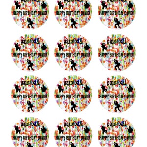 May include: Twelve round cupcake toppers featuring a paintball player silhouette with colorful paint splatters and the text "paintball" and "HAPPY BIRTHDAY DAVID!"