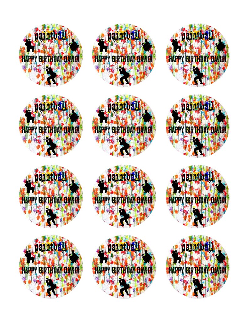May include: Twelve round cupcake toppers featuring a paintball player silhouette with colorful paint splatters and the text "paintball" and "HAPPY BIRTHDAY DAVID!"