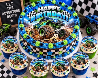Monster Truck Birthday Edible Cake Topper – Green & Blue Racing Truck Birthday Party Cake Decoration for Boys