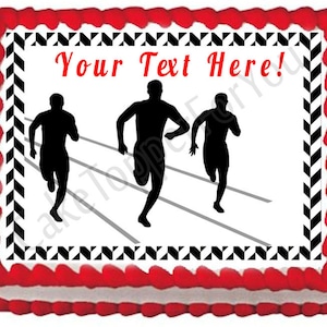May include: A black and white cake topper with three runners in silhouette. The runners are on a white background with gray lines. The cake topper has a black and white checkered border and the text "Your Text Here!" in red.