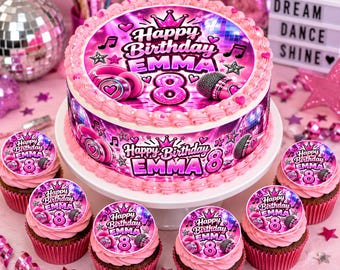 Personalized K-Pop Inspired Birthday Edible Cake Topper – Custom Name & Age Pink Music Party Cake Decoration for Girls