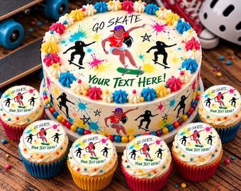 Skateboard Girl Edible Cake Topper | Skateboarding Birthday Cupcake Toppers
