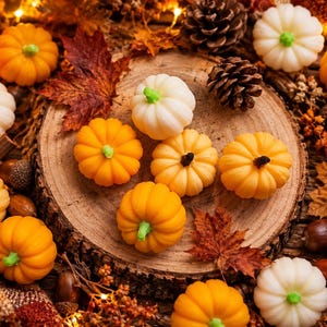 May include: A collection of small, moulded pumpkin-shaped items in shades of orange and white, featuring green or black stems. These decorative pieces are arranged on a circular wooden slice surrounded by dried autumn leaves, pinecones, and acorns.