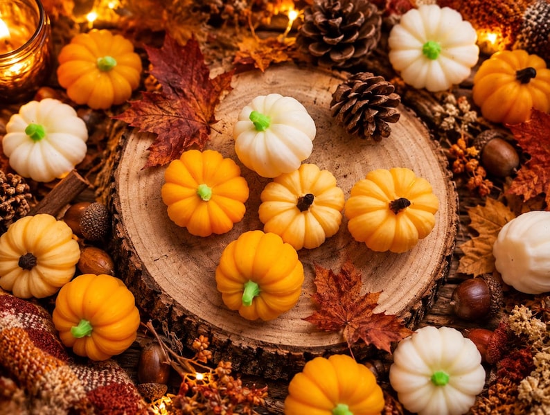 May include: A collection of small, moulded pumpkin-shaped items in shades of orange and white, featuring green or black stems. These decorative pieces are arranged on a circular wooden slice surrounded by dried autumn leaves, pinecones, and acorns.