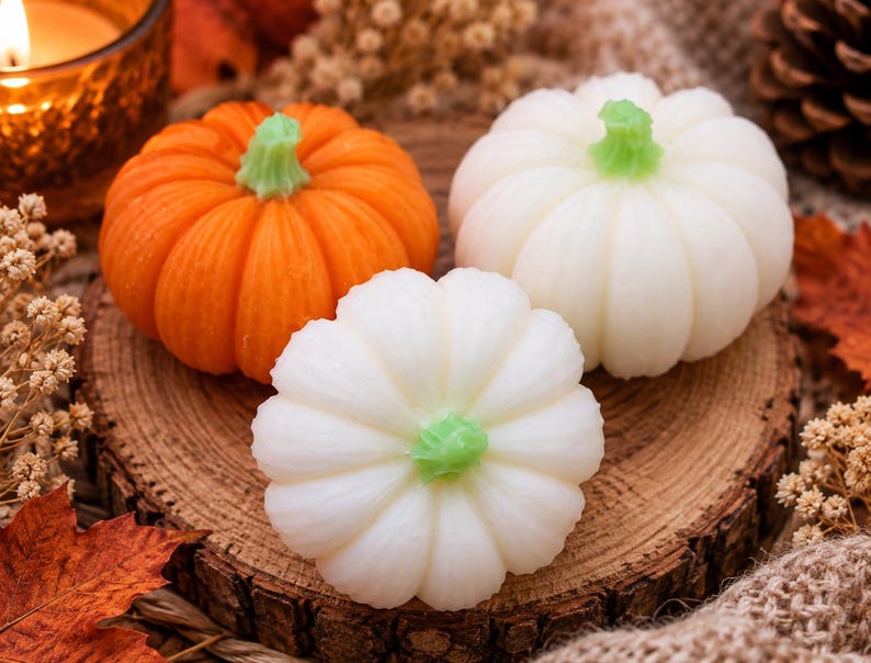 May include: Three small pumpkin-shaped candles, one in vibrant orange and two in off-white, each featuring a distinct ribbed texture and a small, light green stem at the top. The candles are arranged together, showcasing their rounded, realistic forms.