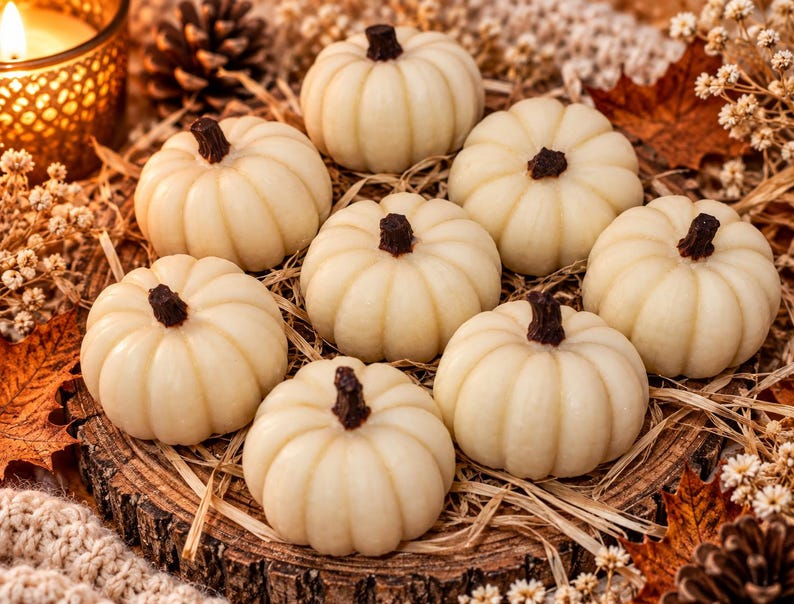 May include: A collection of eight small, off-white pumpkin-shaped candles, each featuring a dark brown stem. The pumpkins are arranged in a cluster, showcasing their rounded, ribbed surfaces and smooth texture, creating a cohesive seasonal display.