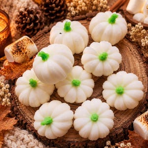 May include: A collection of small, white, pumpkin-shaped sweets with bright green stems. The sweets are arranged on a circular wooden slice, surrounded by toasted marshmallows, dried flowers, and pinecones, with a lit candle nearby.