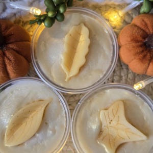 May include: Three clear plastic pots filled with a creamy, pale substance, each decorated with a leaf-shaped accent. Two small, orange felt pumpkins and green decorative sprigs surround the pots, suggesting an autumnal theme.