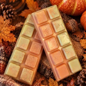 May include: Two rectangular wax melt bars featuring a segmented grid design. The wax has a marbled appearance with blended shades of warm orange, soft yellow, and cream, accented with subtle shimmering particles throughout the surface.