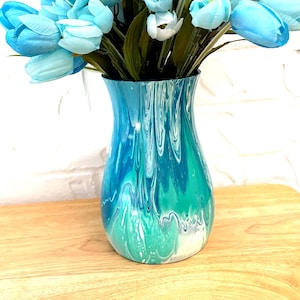 Teal, Green and White Play on Hand Painted Glass Vase for Flowers