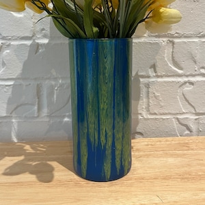 Blue, Yellow and Green Glass Vase for Flowers Hand Painted