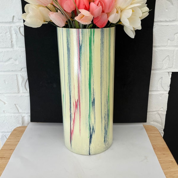 Extra Large Creamy Yellow with Blue, Green, Peach Hand Painted Glass Vase for Flowers