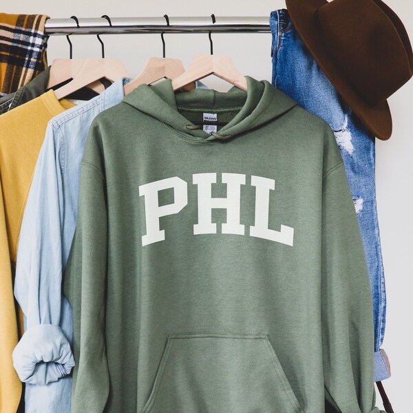 Minimalist PHL Hoodie, Philadelphia Fan Crewneck, Vintage Philadelphia Sweater, Philadelphia Gift, College Student gift, Military Green