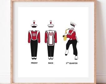 May include: A printable illustration of a marching band uniform. The uniform is red with black trim and a white letter "W" on the front. The illustration shows the front, back, and a marching band member playing a saxophone.