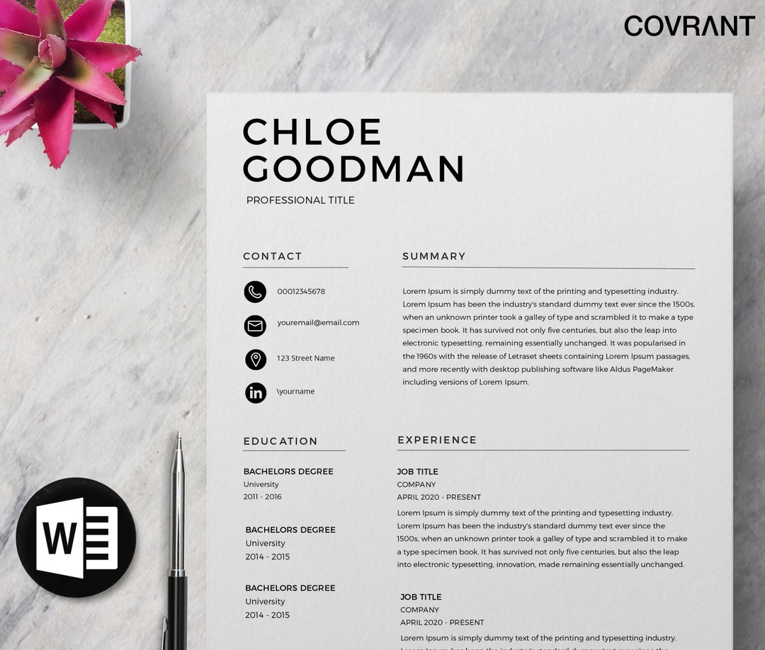 Minimalist & Modern Resume Template for Word | Professional CV | Simple ...