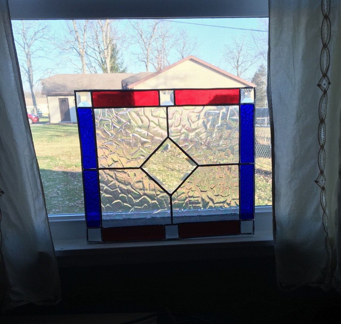 Red Blue clear Iridescent Lead Stained Glass Window Panel Etsy