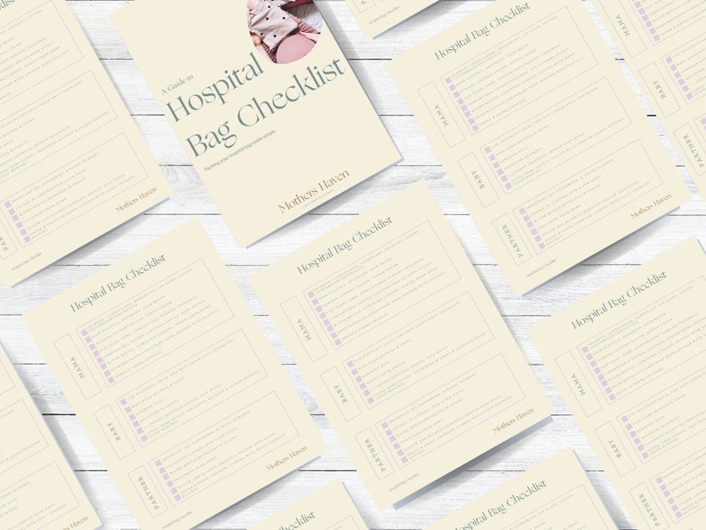 May include: A printable hospital bag checklist with sections for mama, baby, and partner. The checklist is on a cream background with a light purple border and text. The title is "Hospital Bag Checklist" and the text says "A Guide to Hospital Bag Checklist" and "Mothers Haven".