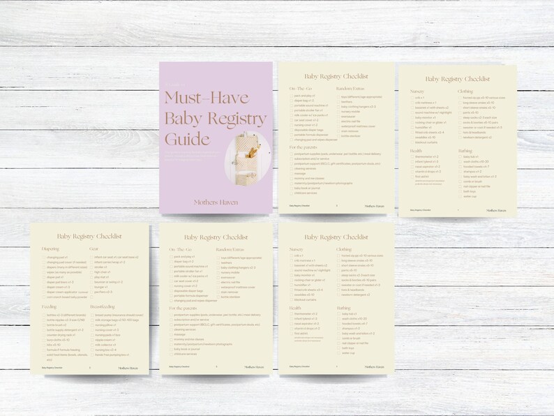 May include: A printable baby registry checklist guide with the title "Must-Have Baby Registry Guide" and the subtitle "Mothers Hines". The checklist is divided into categories such as "On the Go", "Nursery", "Clothing", "Health", "Feeding", "Diapering", "Bathing", "Household", and "For the Parents".